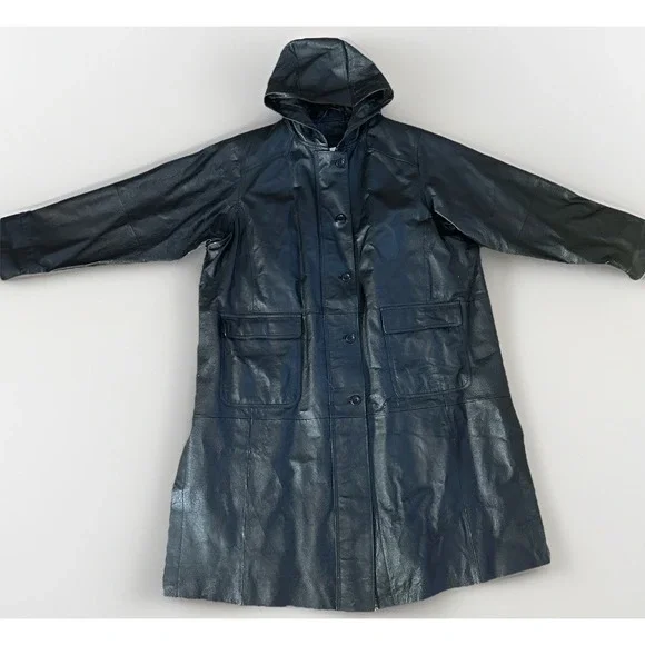 Black Leather Trench Coat 3XL 90s Goth Biker Duster Hooded Fantasy Matrix Neo - Picture 2 of 16